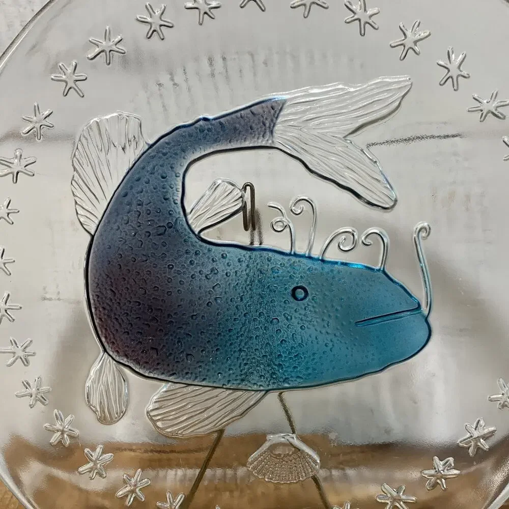 Vintage Walther Glass Germany Blue Catfish Art Glass Plate Nautical 8.75